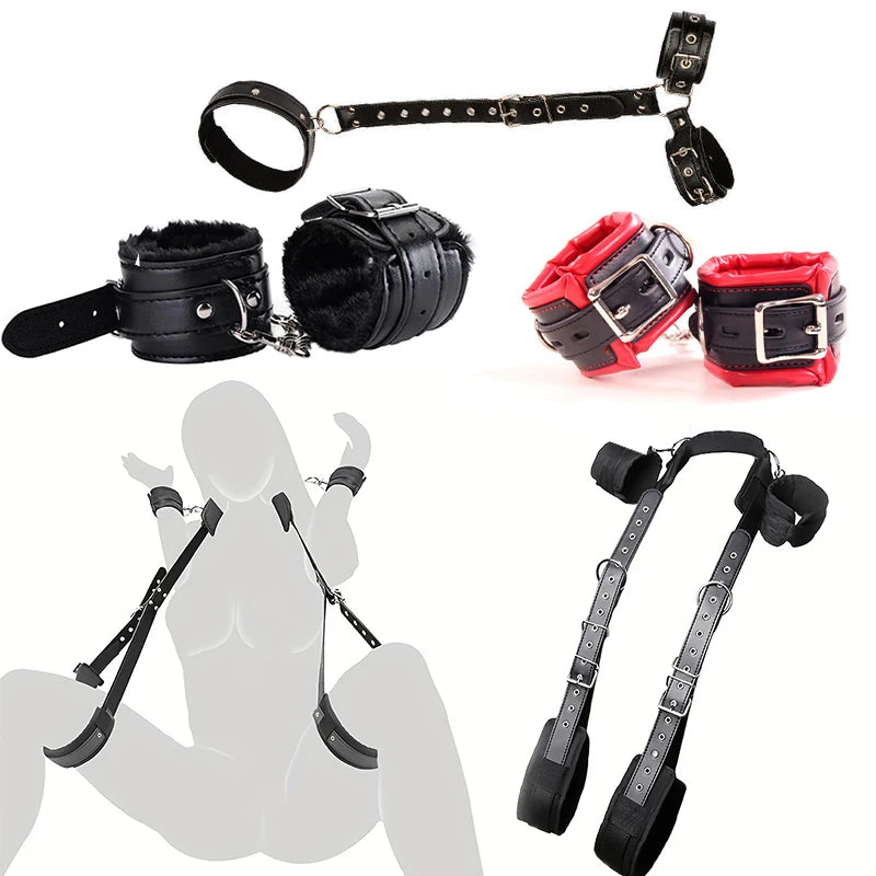 Set Bondage Neck Collar Adjustable Handcuffs Leather  Restraint