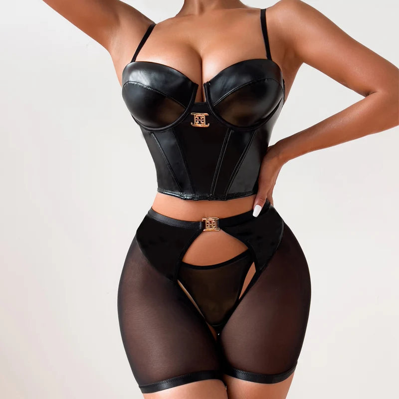 Leather See Through  Underwear Set