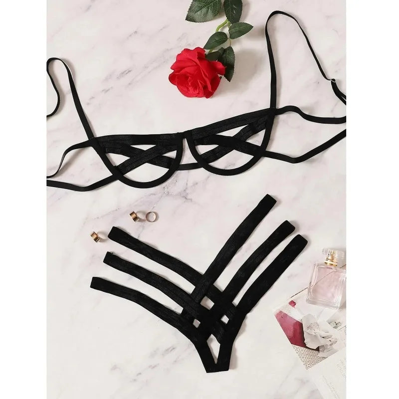 Elastic Hollow Out Bra Harness Lingerie Set